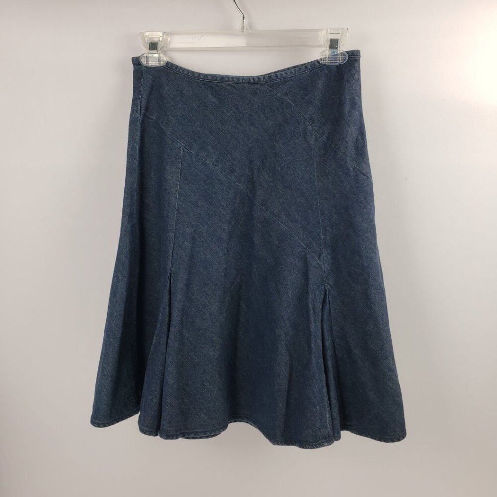 Ann Taylor Petites 00P Dark Blue Heather Flare Tulip Skirt Womens Denim Zipper